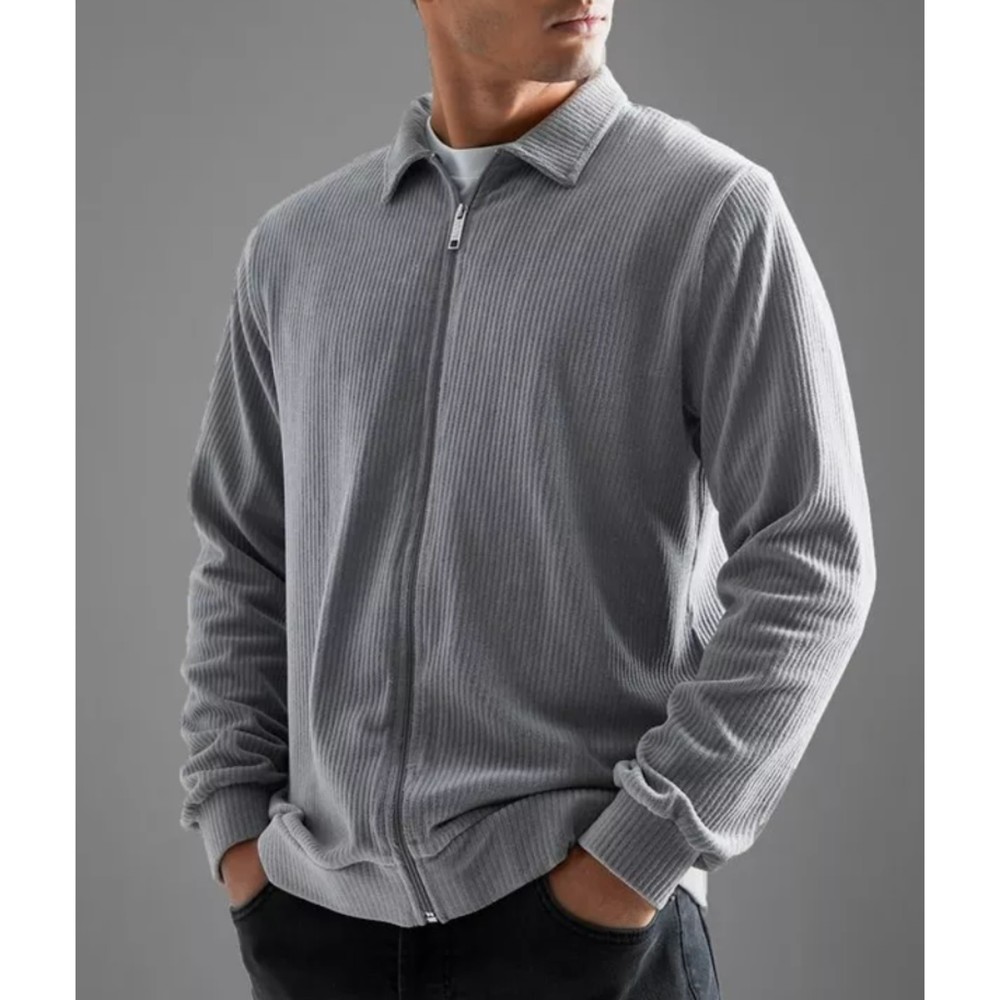 Boohoo Man NWT RIBBED VELOUR HARRINGTON Grey Zip Up Jacket Medium